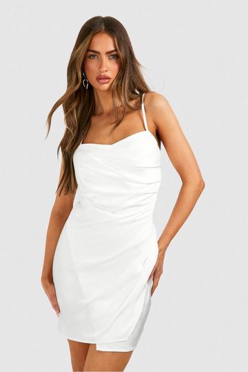 Ivory White Satin Draped Mini Slip Dress