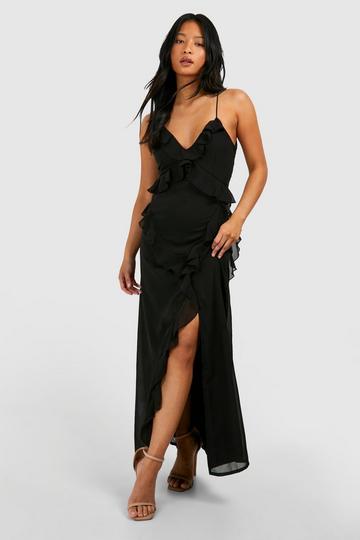 Black Petite Chiffon Ruffle Maxi Dress