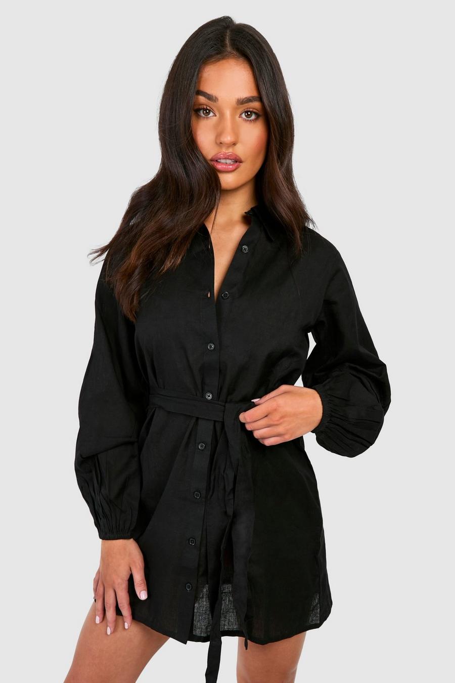 Black Petite Linen Belted geometric-print Shirt Dress