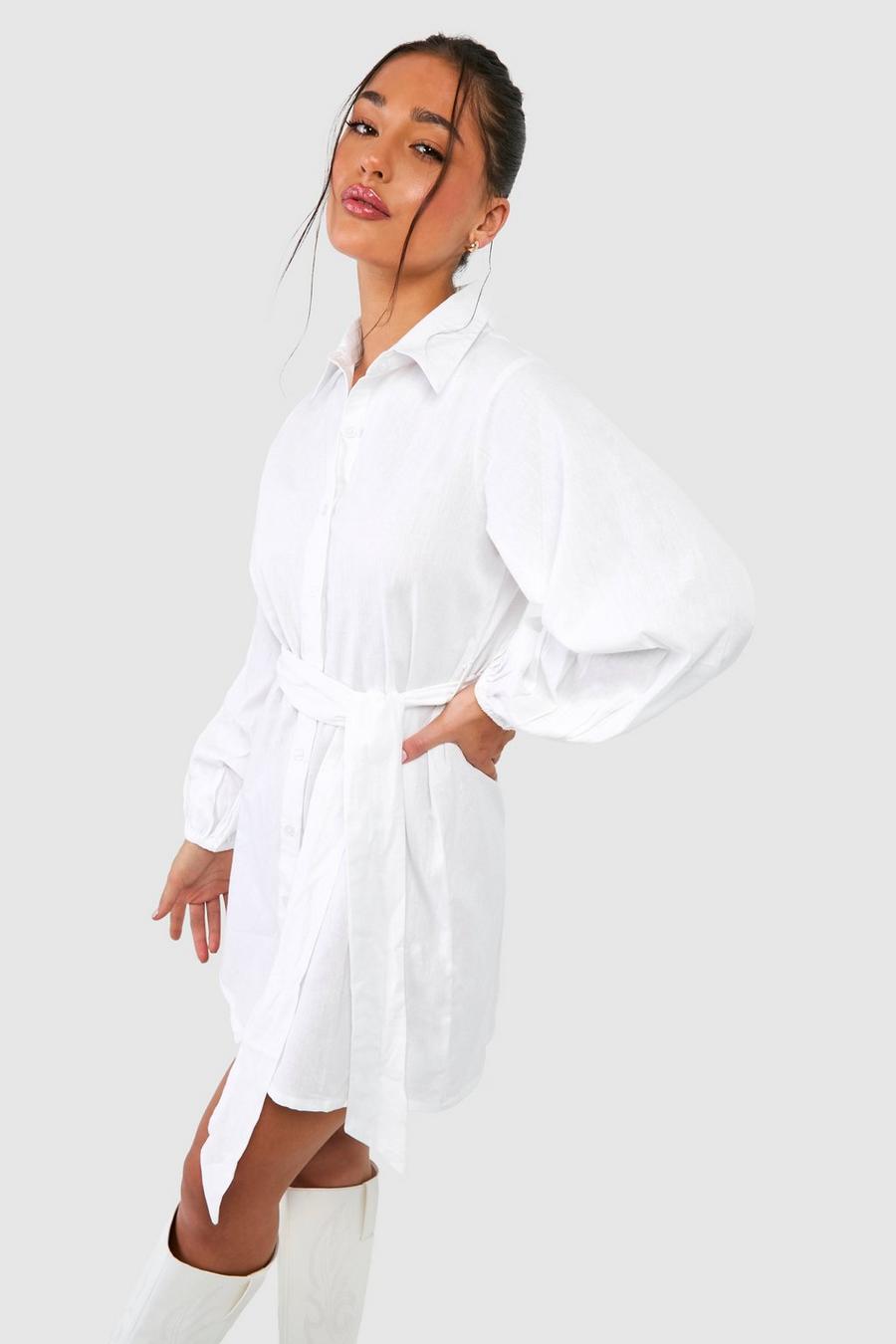 Vestito camicia Petite in lino con cintura, Ivory image number 1