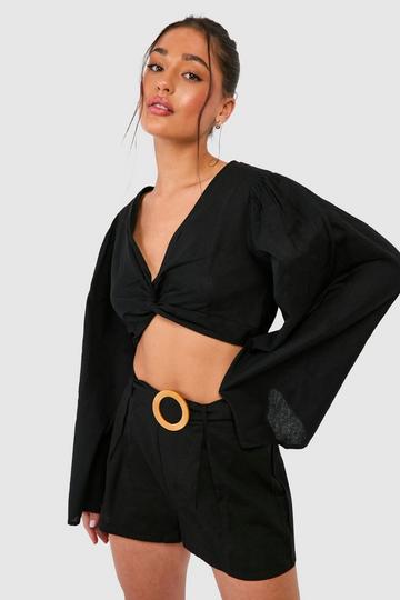 Black Petite Linen Twist Front Top