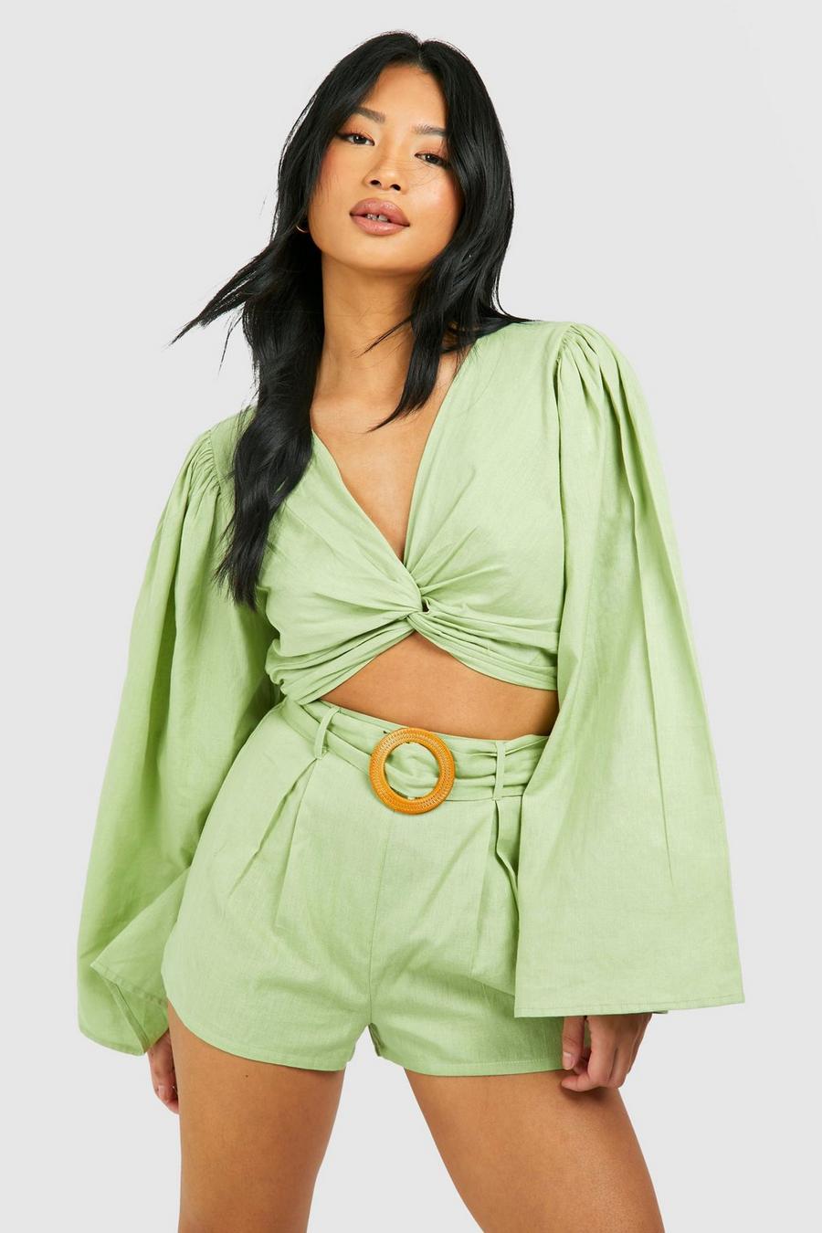 Sage Petite Linen Belted Short