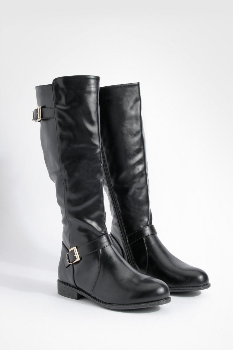 Black Wide Width Harness And Buckle Detail Knee High Boot