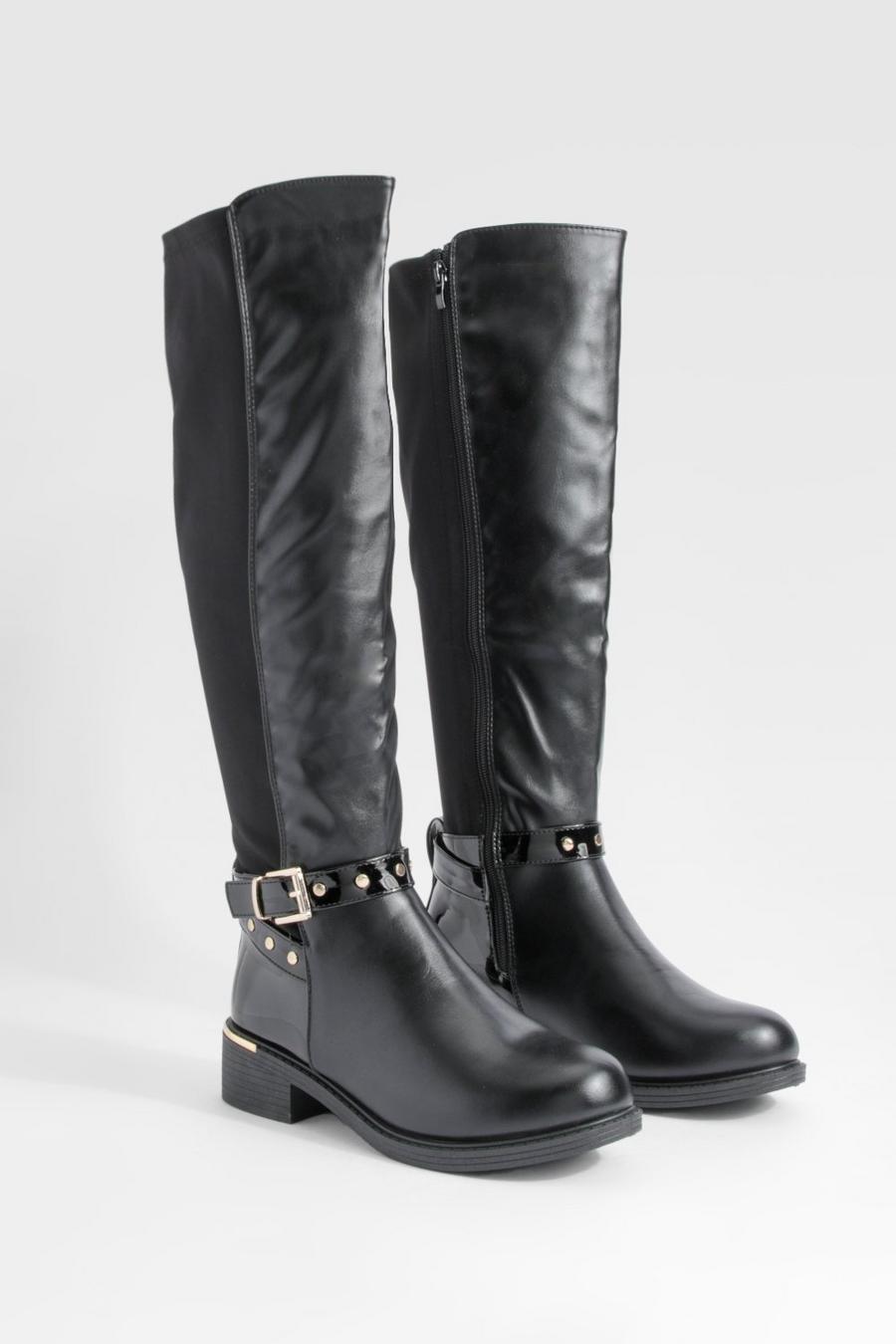 Black Wide Fit Buckle Detail Panel Knee High Boots image number 1