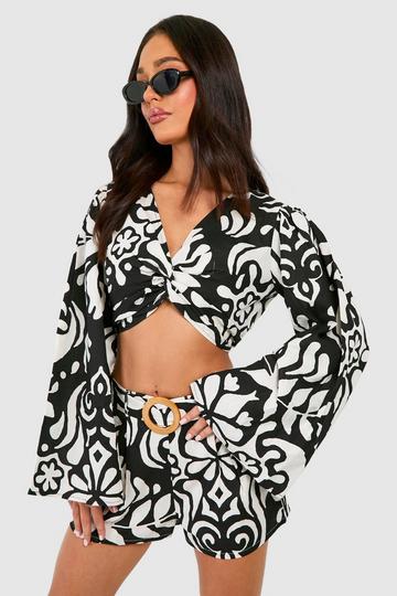 Petite Mono Printed Linen Twist Top mono