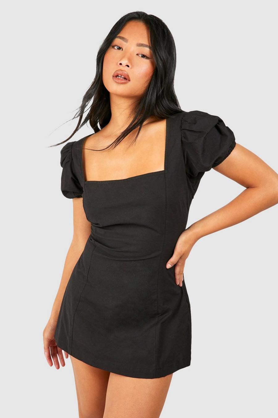 Black Petite Puff Sleeve Mini Dress
