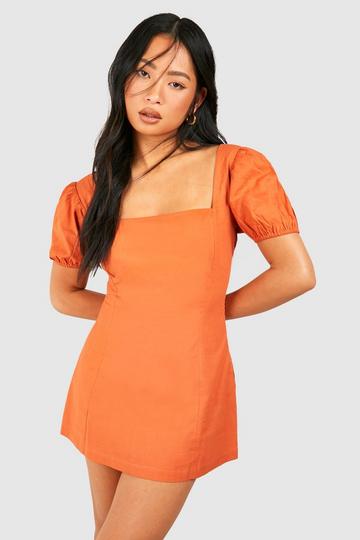 Rust Orange Petite Puff Sleeve Mini Dress