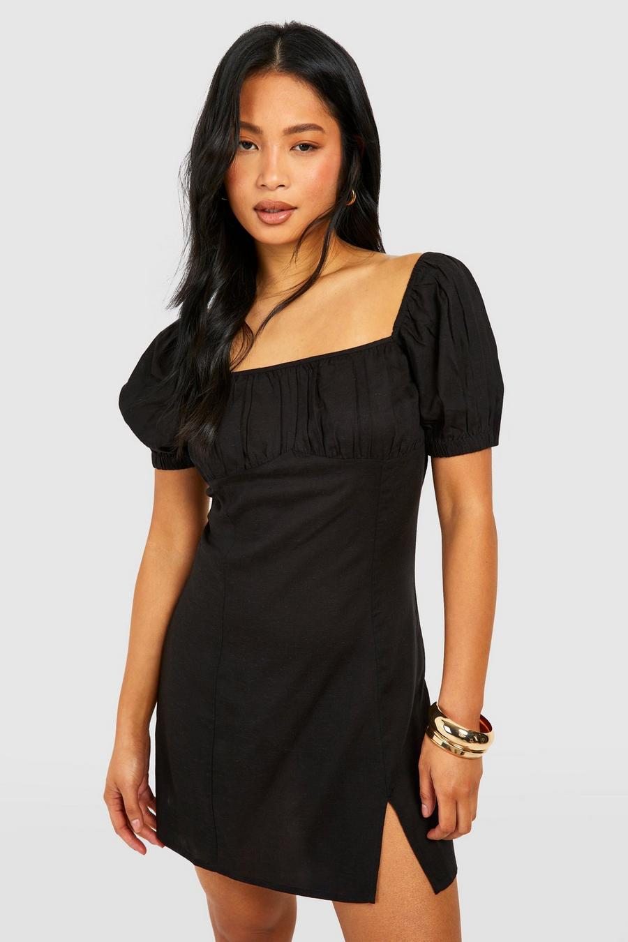 Black Petite Linen Milkmaid Mini Dress