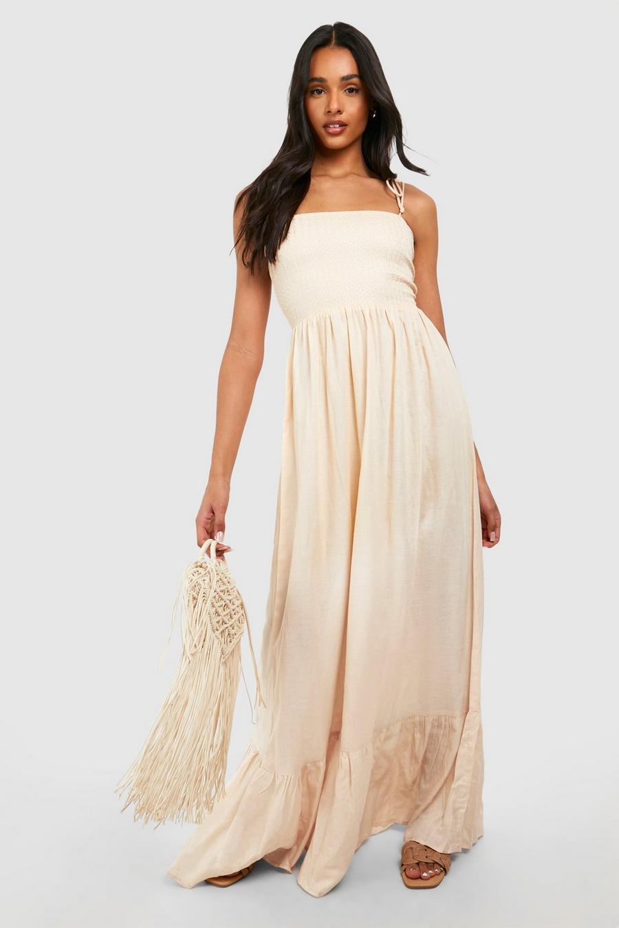Stone Tall Shirred Off The Shoulder Maxi Dress
