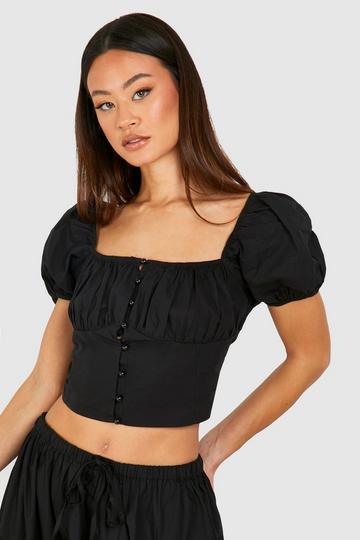 Tall Poplin Button Milkmaid Crop Top black