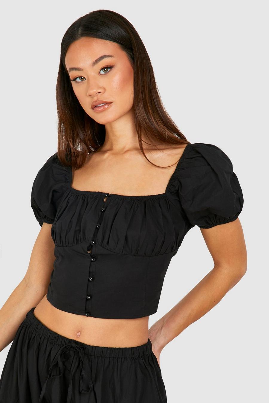 Crop top Tall Milkmaid in popeline con bottoni, Black image number 1