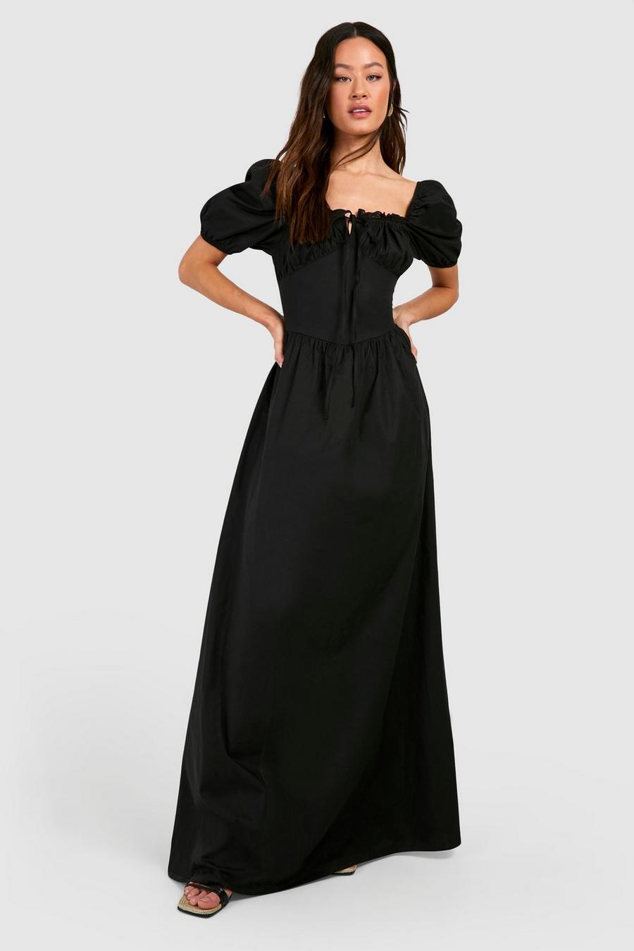 Black Tall Cotton Poplin Milkmaid Maxi Dress image number 1