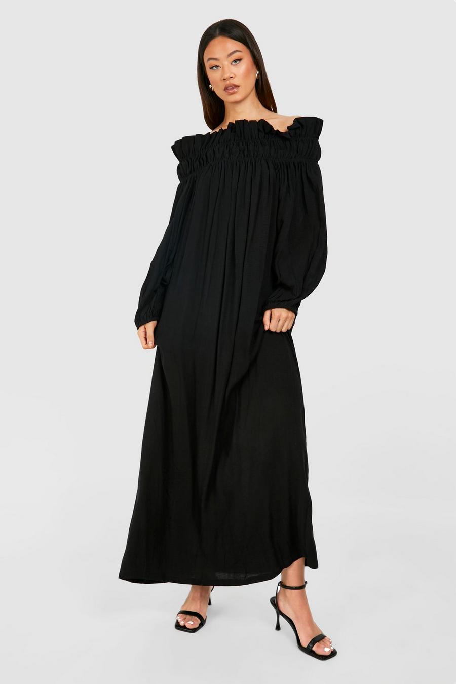 Black Tall Shirred Bardot Maxi Dress  image number 1