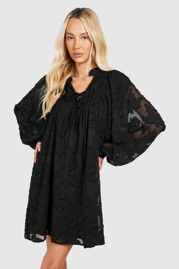 Tall Burnout Floral Tie Front Smock Dress black