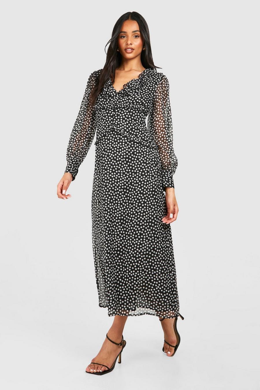 Black Tall Polka Dot Chiffon Ruffle Midi Dress image number 1