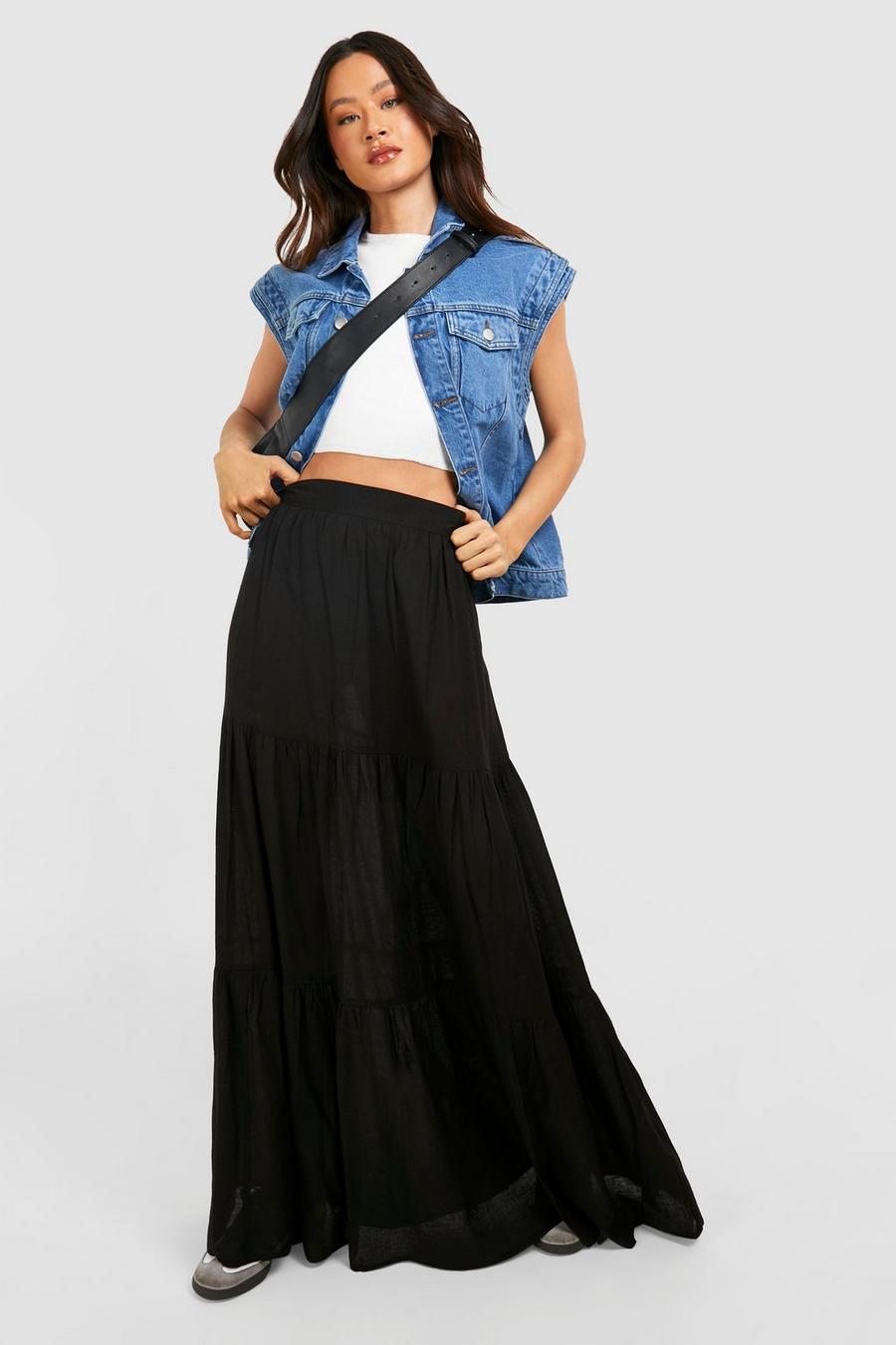 Black Tall Woven Linen Tiered Hem Maxi Skirt  