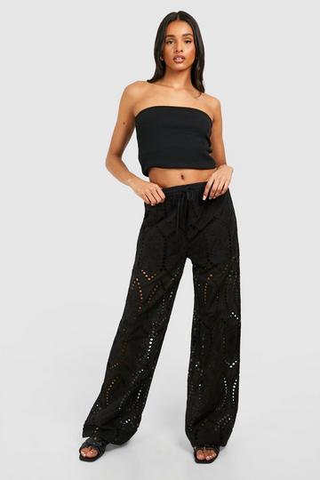 Tall Woven Broderie Wide Leg Trousers black