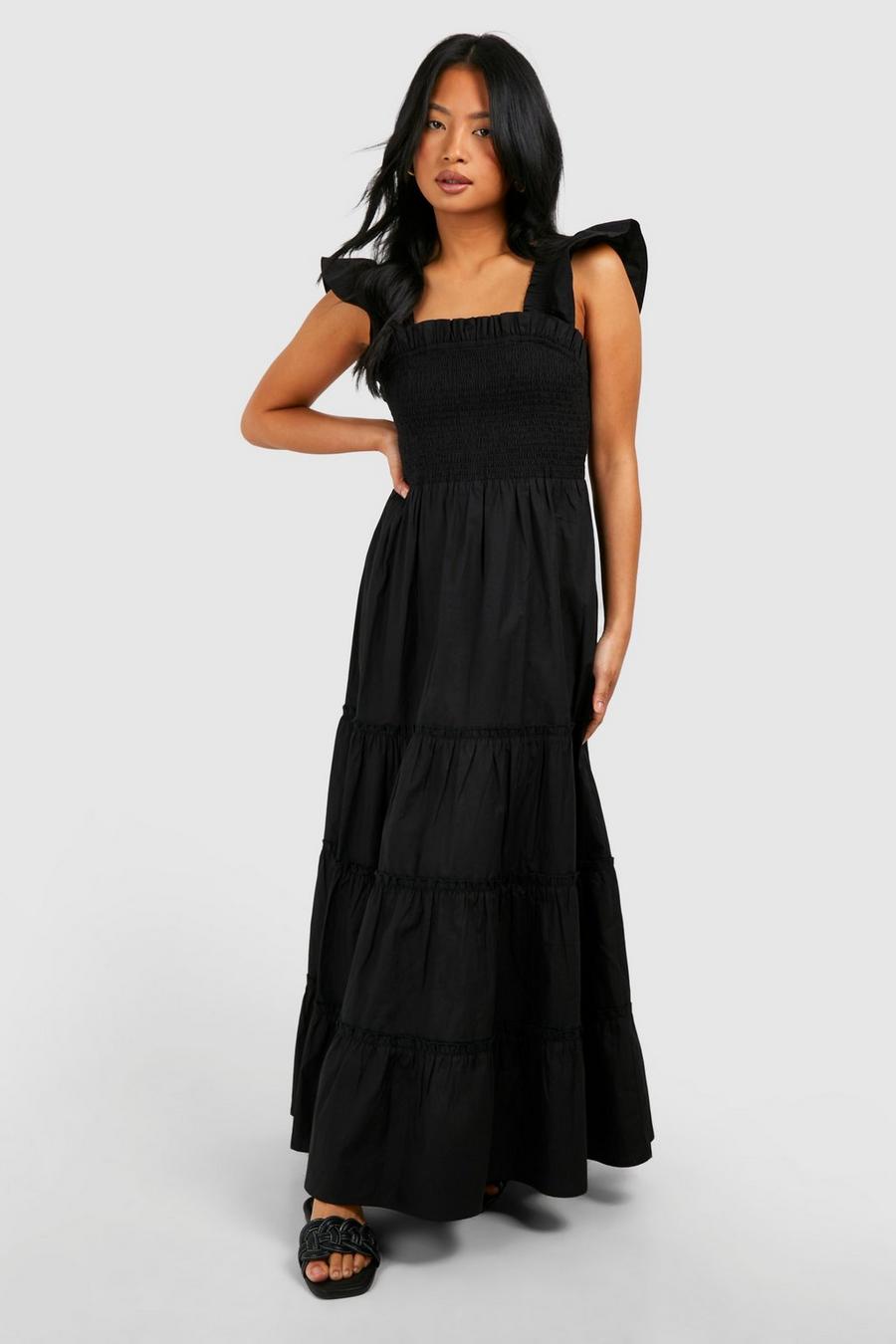 Black Petite Shirred Poplin Midaxi Dress