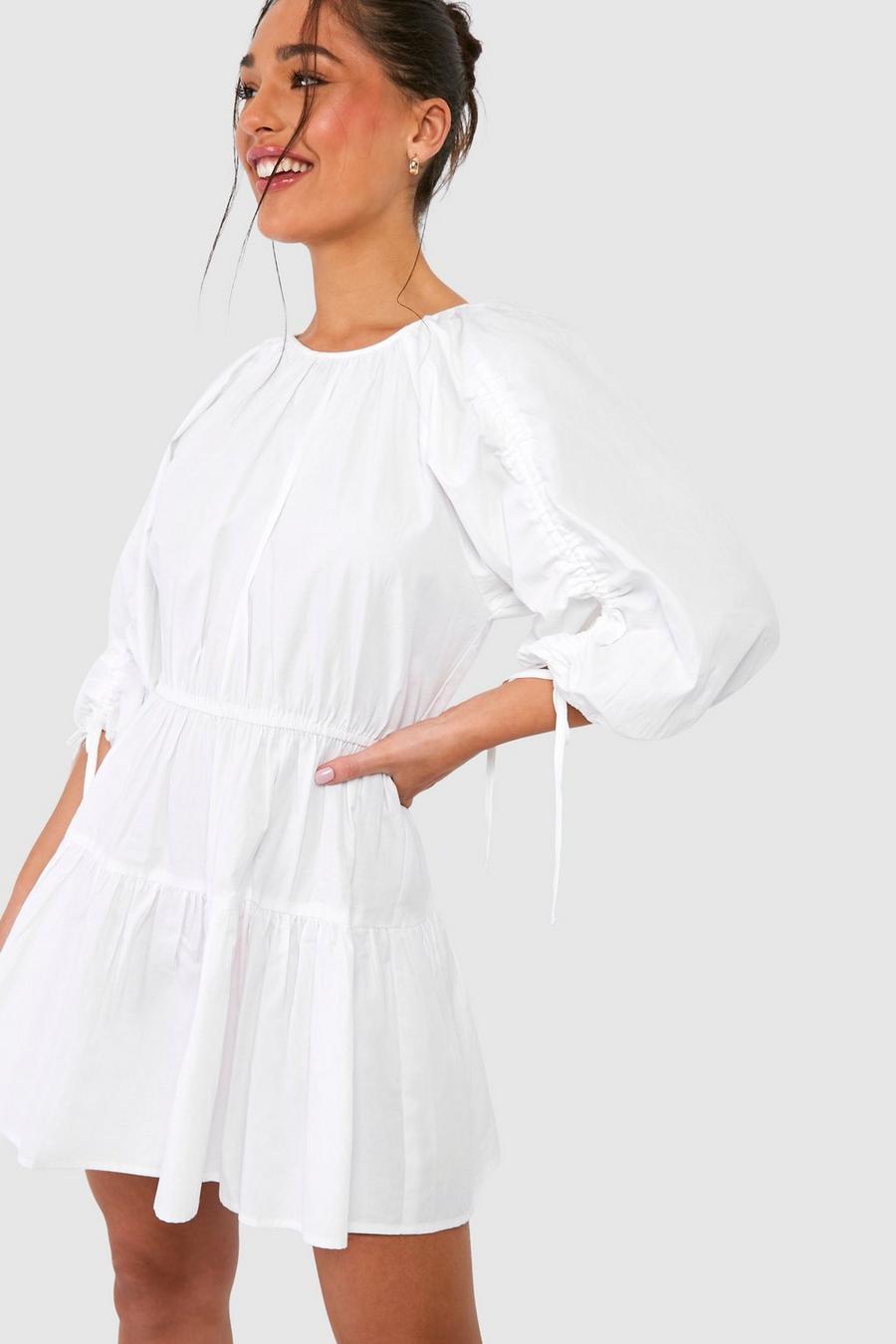 Ivory Petite Kort klänning i poplin med puffärm image number 1