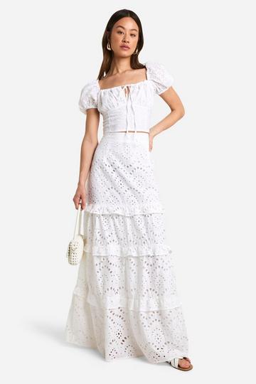 Tall Broderie Milkmaid Short Sleeve Top white