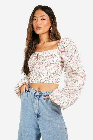 Pink Floral Milkmaid Tie Detail Top