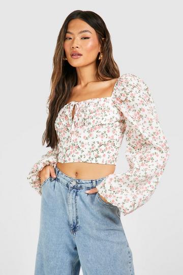 Floral Milkmaid Tie Detail Top white