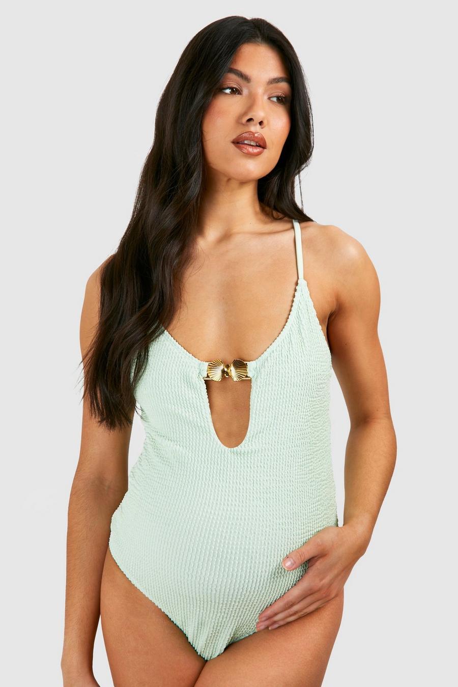 Light green Maternity Crinkle Shell Keyhole Swimsuit image number 1