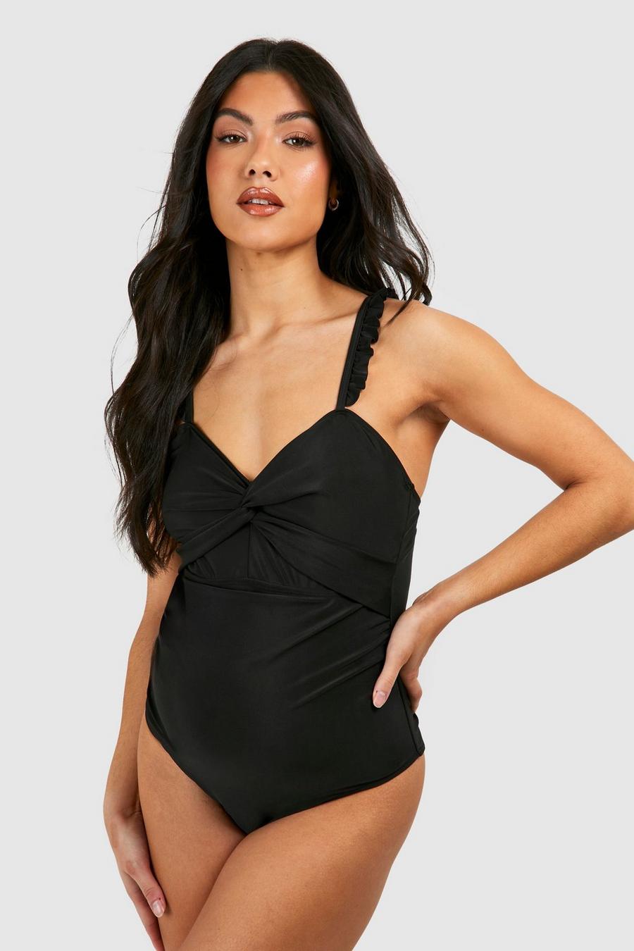 Black Maternity Knot Front Frill Shoulder Swimsuit