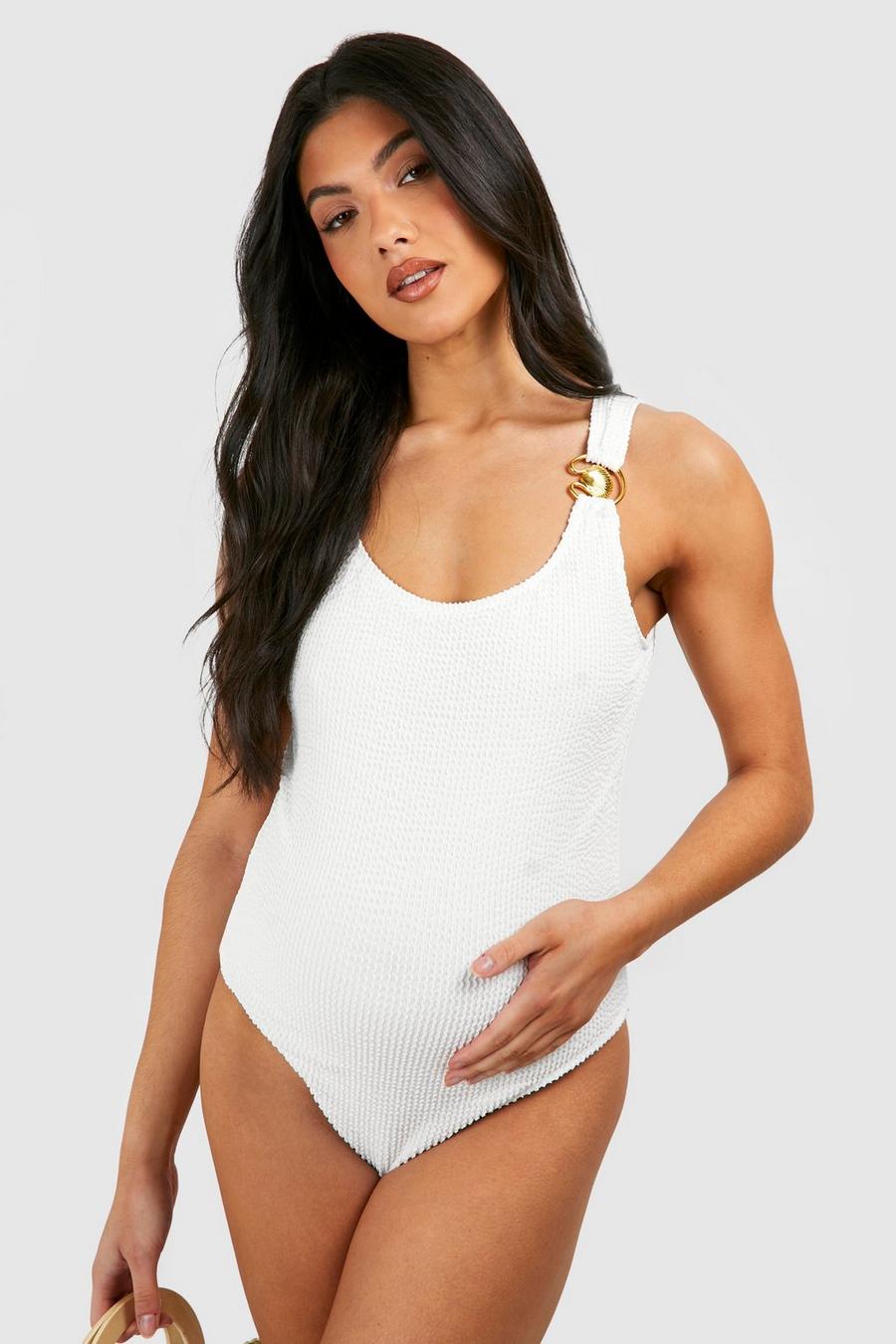 Cream Maternity Crinkle O Ring Scoop Neck Swimsuit image number 1