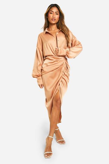 Satin Draped Shirt Dress gold