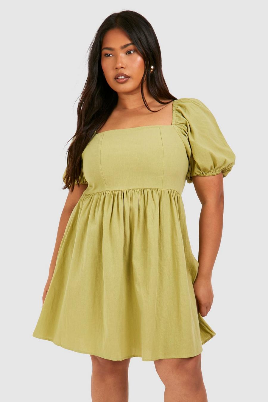 Lime Plus Kort klänning i linnetyg med puffärm image number 1