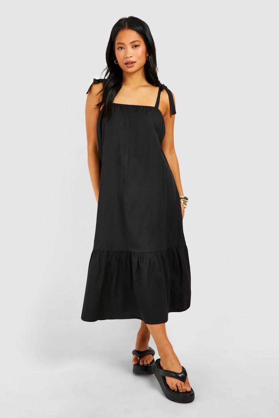 Black Petite Linen Tie Shoulder Midi Dress image number 1