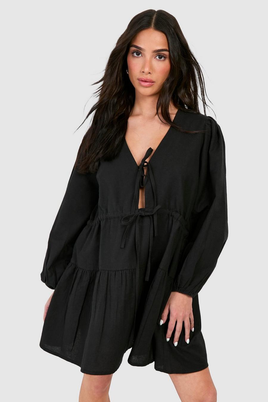Vestido Petite mini de lino con atadura, Black image number 1