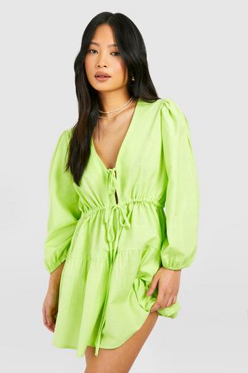 Petite Linen Look Tie Detail Mini Dress lime