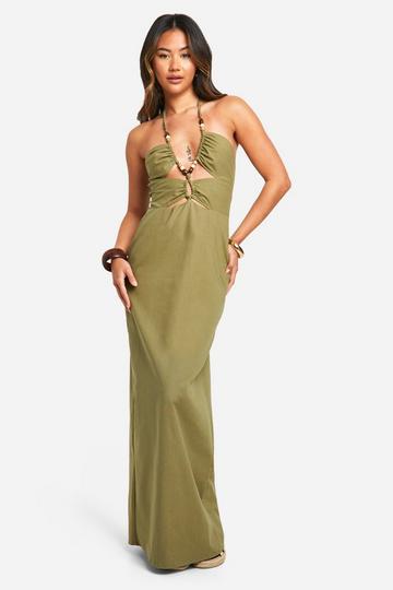 Olive Green Linen Bead Detail Maxi Dress