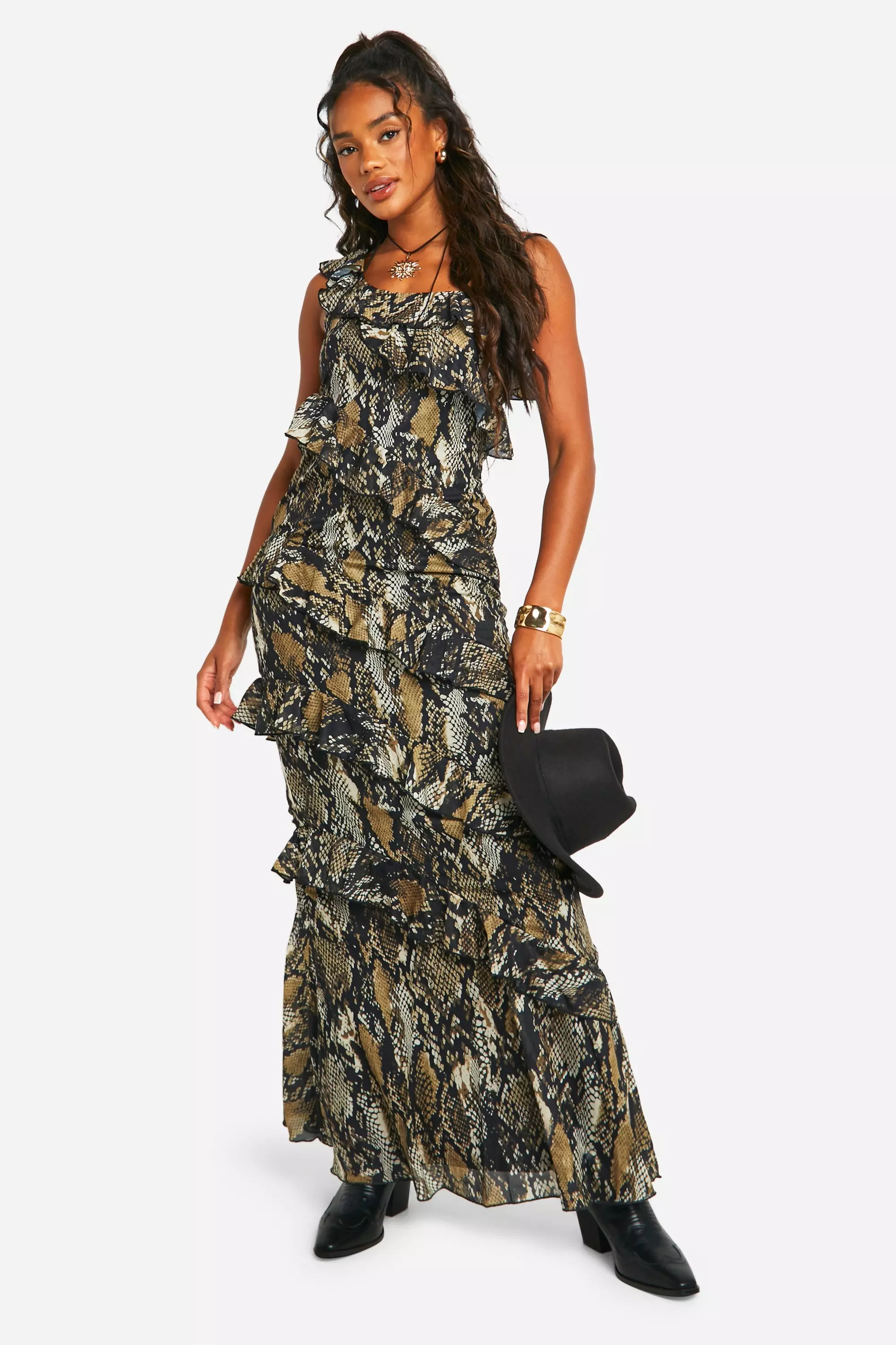 Brown Snake Ruffle Chiffon Asymmetric Maxi Dress alternative image