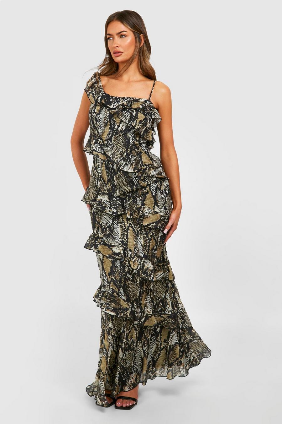 Brown Snake Ruffle Chiffon Asymmetric Maxi Dress
