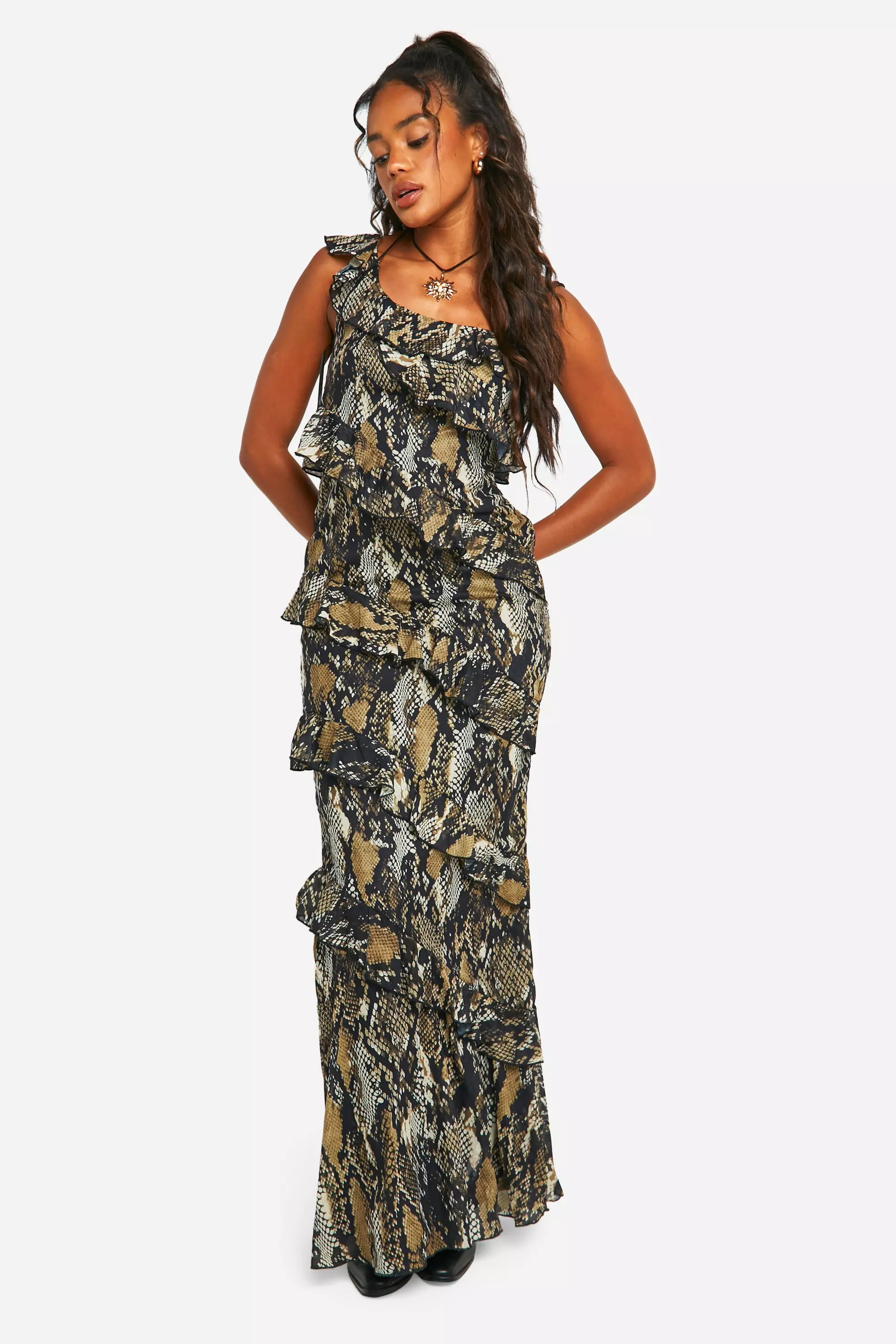 Brown Snake Ruffle Chiffon Asymmetric Maxi Dress alternative image