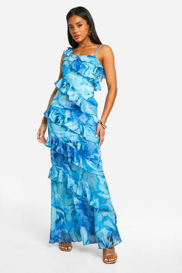 Floral Ruffle Chiffon Asymmetric Maxi Dress blue