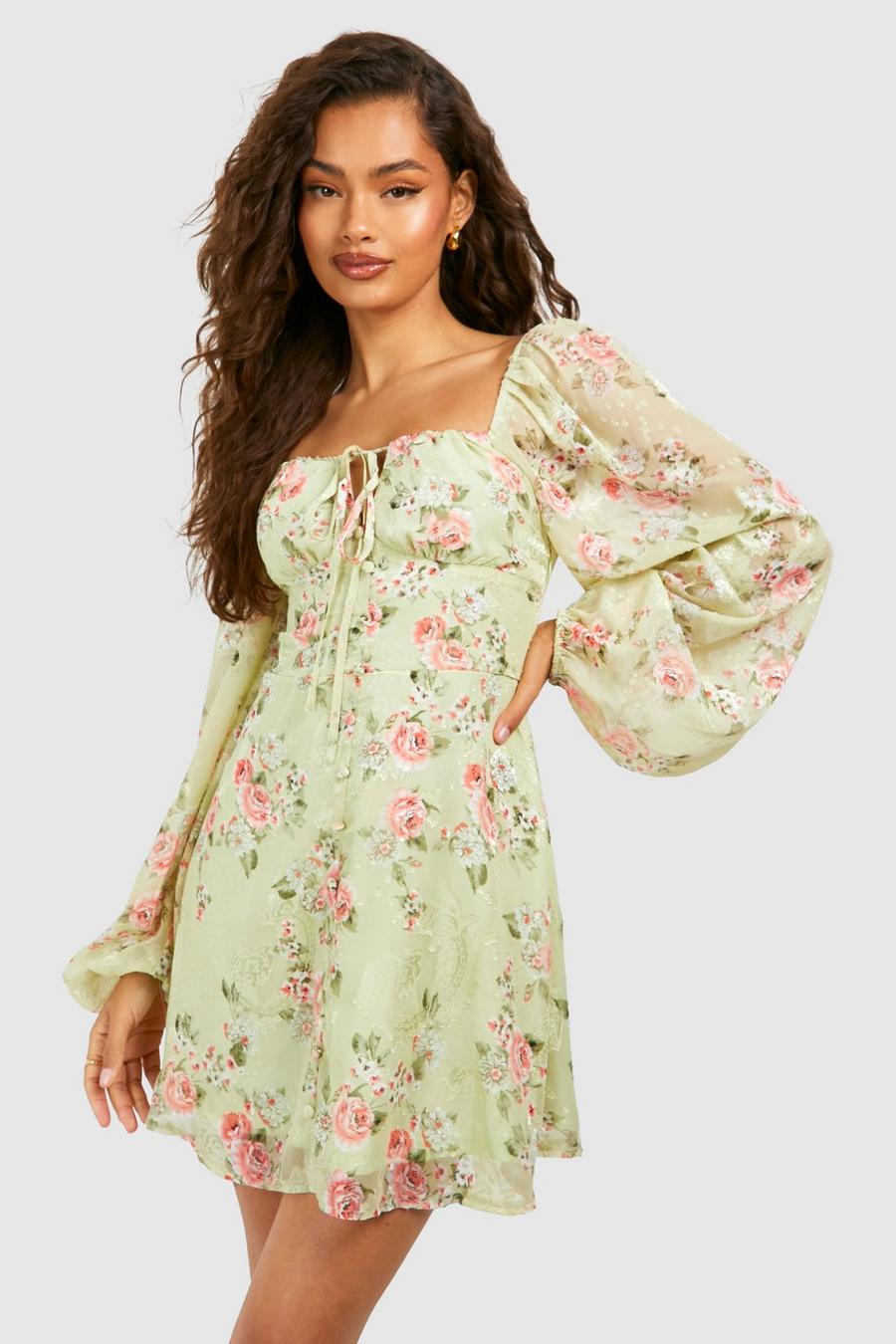 Sage Floral Blouson Sleeve Skater Dress image number 1