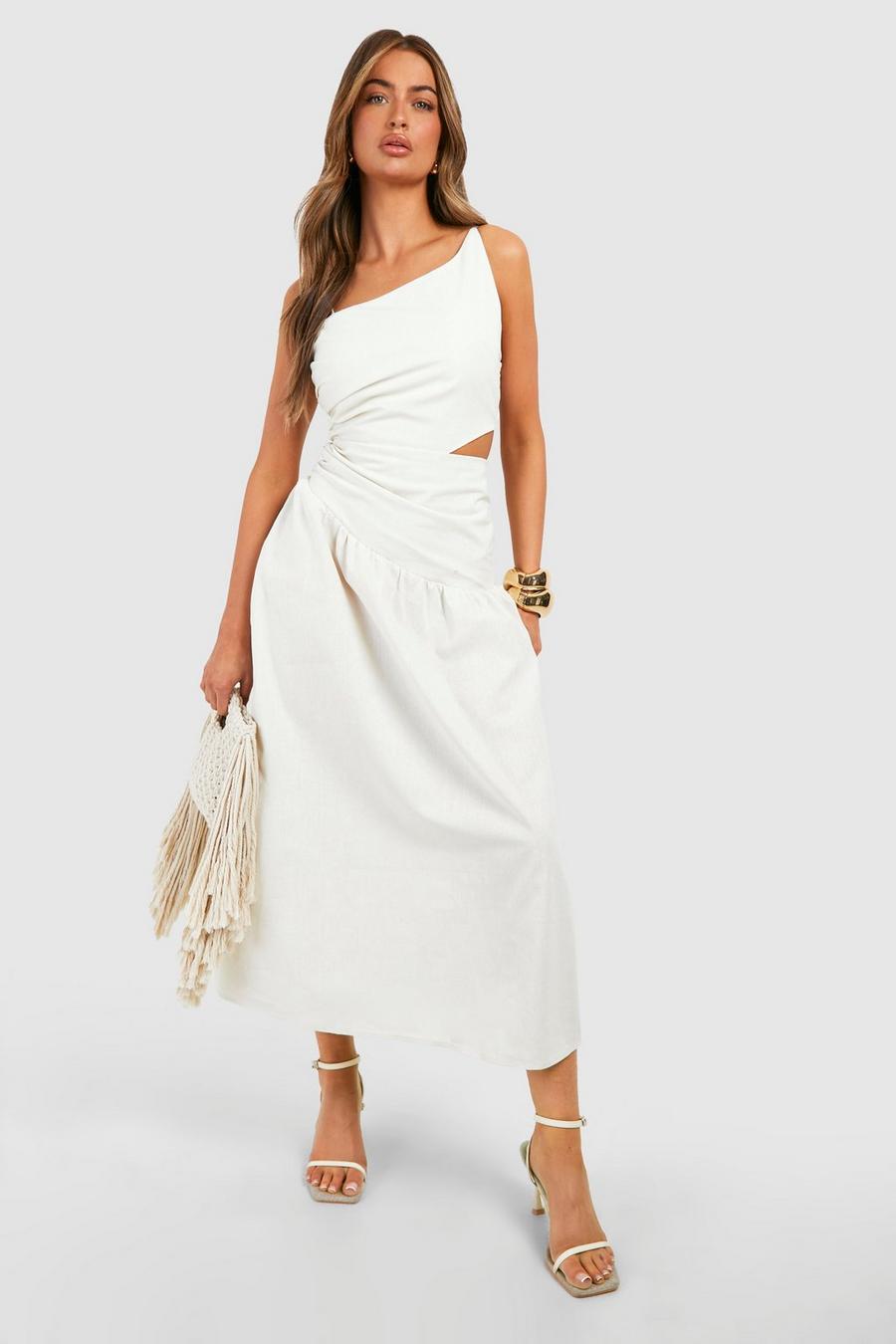 Robe mi-longue asymétrique en lin à découpes, Ivory