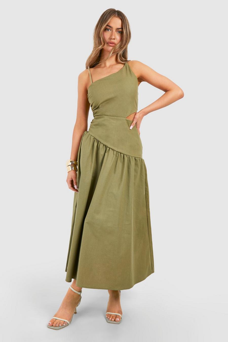 Olive Linen Cut Out Asymmetric Midi Dress image number 1