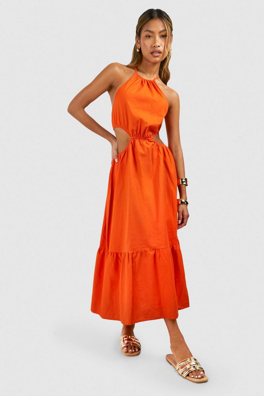 Orange Linen Cut Out Waist Midi Dress