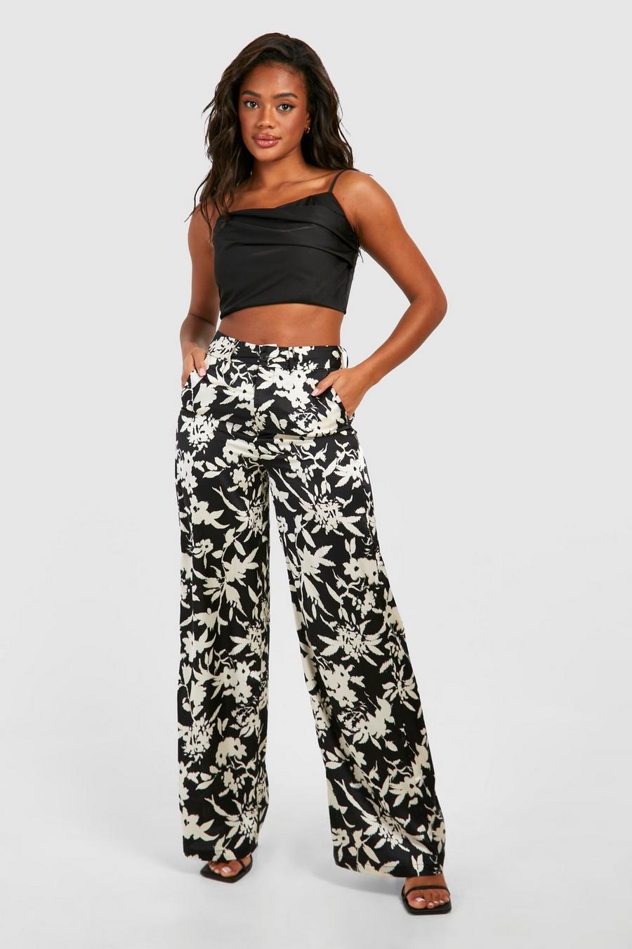 Black Mono Floral Satin Wide Leg Trousers image number 1