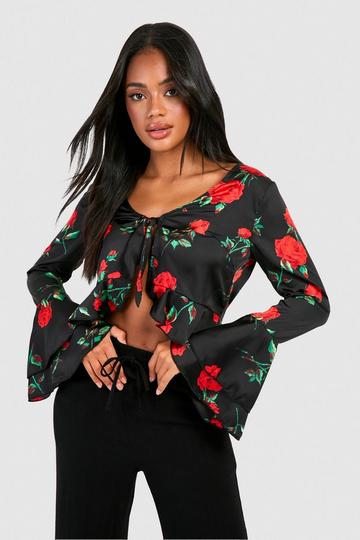 Rose Print Ruffle Blouse red