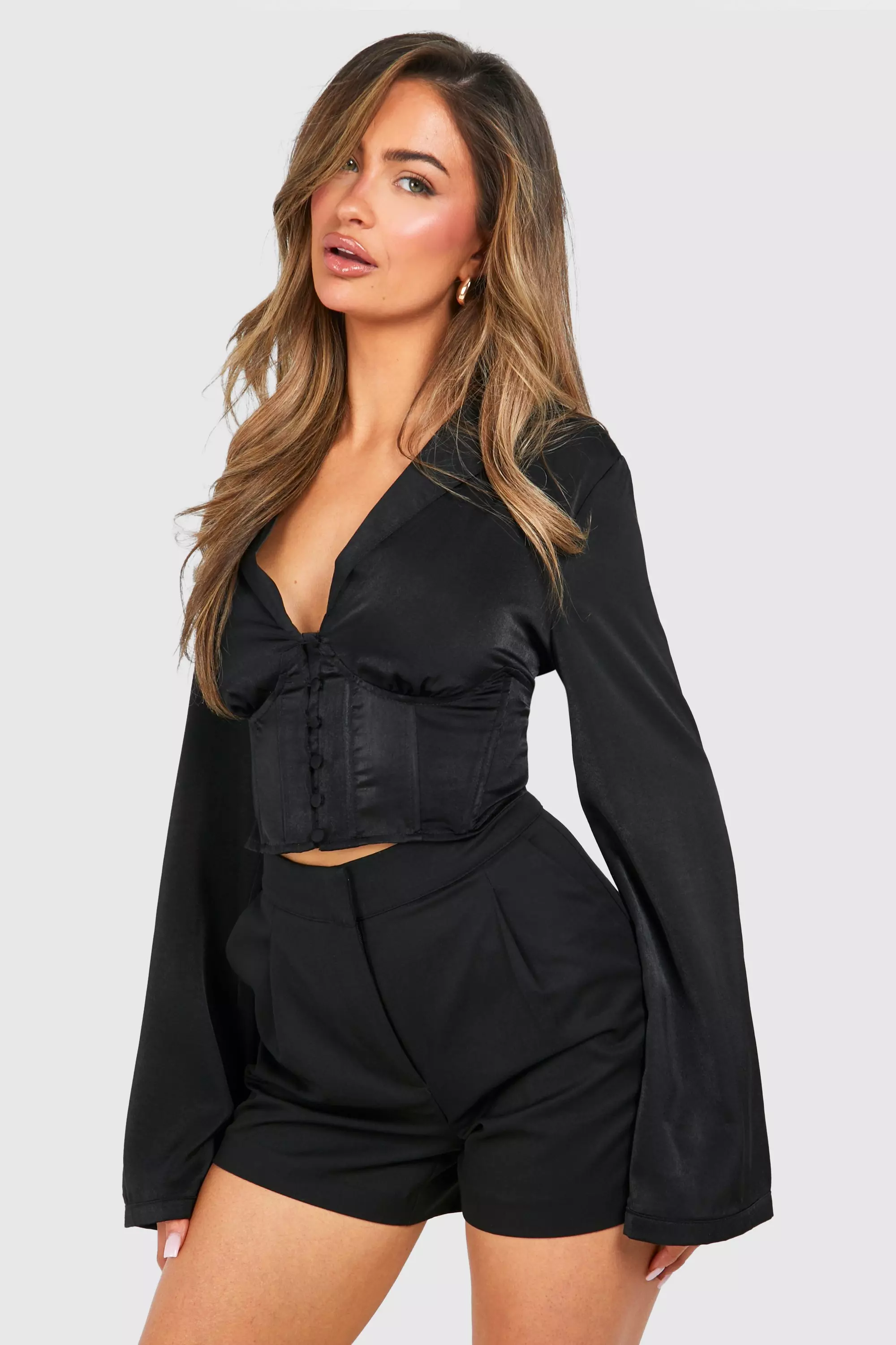 Black Satin Flared Sleeve Corset Top alternative image