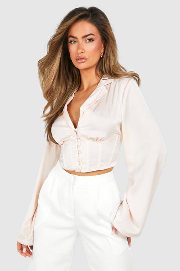 Champagne Beige Satin Flared Sleeve Corset Top