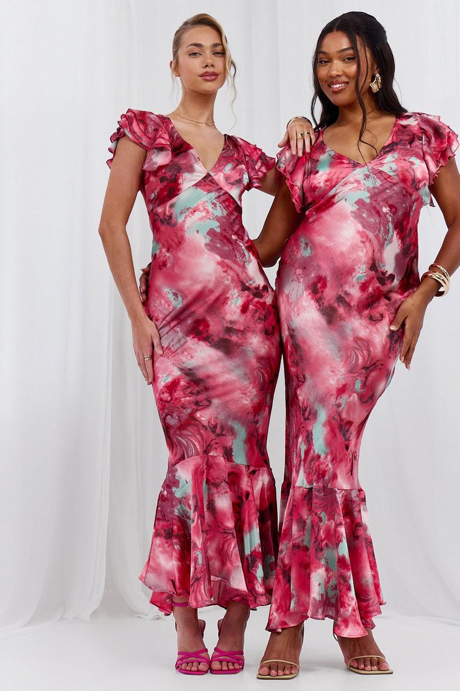 Pink Marble Satin Ruffle Sleeve Maxi Dress image number 1