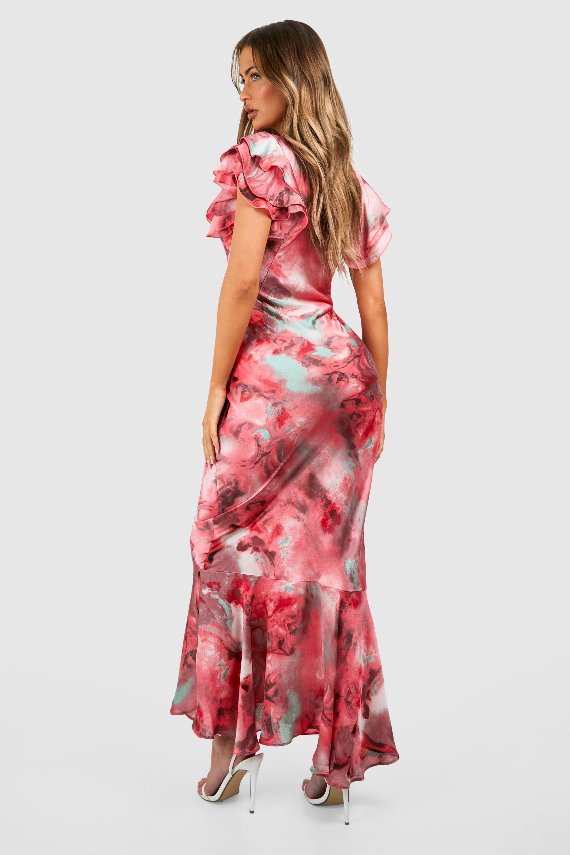 Marble Satin Ruffle Sleeve Maxi Dress | boohoo