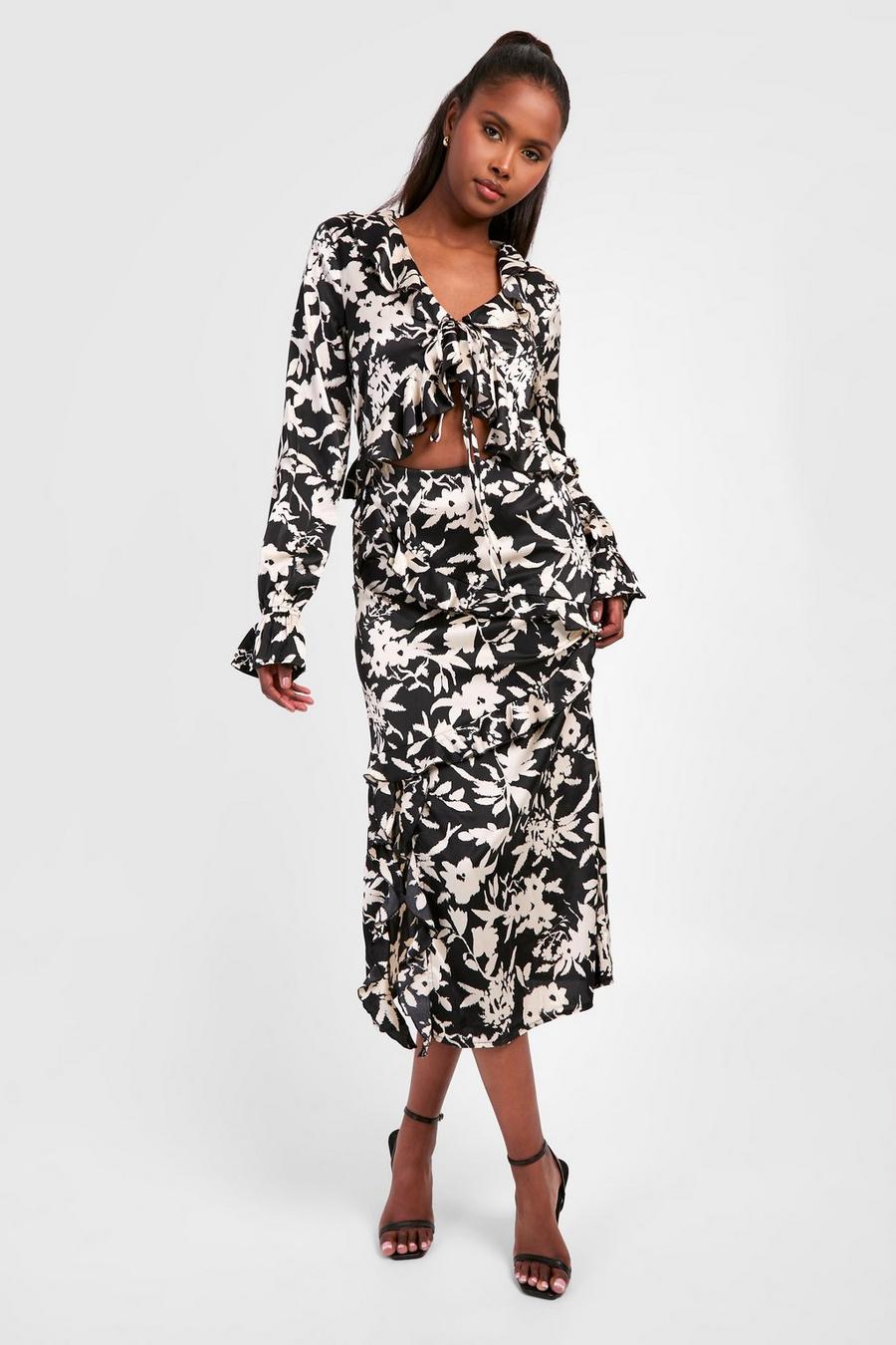Black Mono Floral Cut Out Ruffle Midaxi Dress image number 1